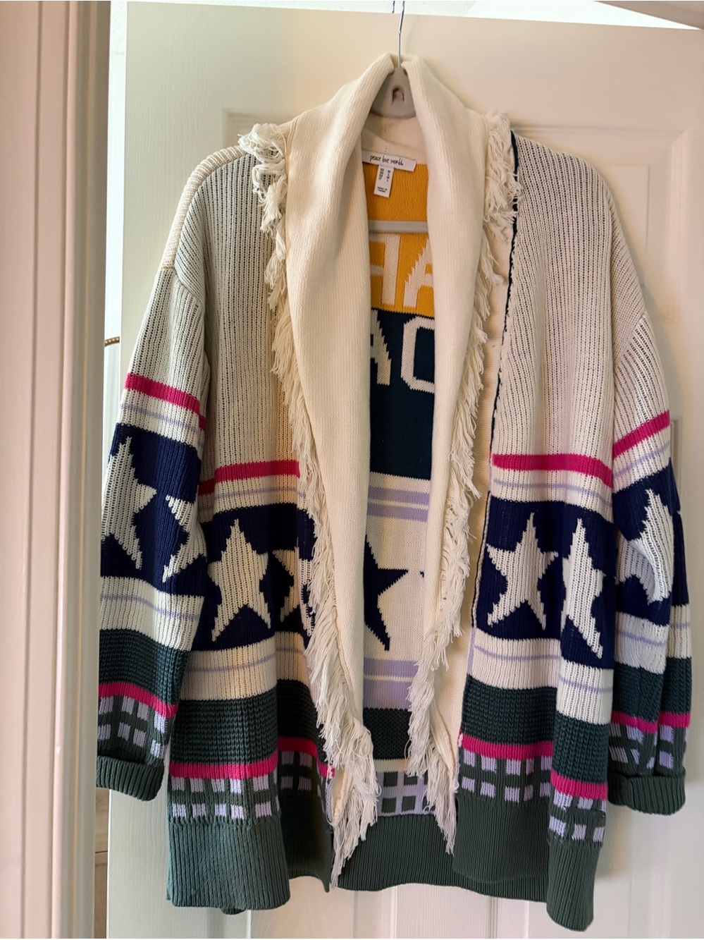 Peace Love World Cream Navy Olive & Pink Fringe Open Cardigan